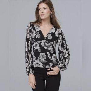 White House Black Market Floral Print Pleated Sleeve Blouse Size 4